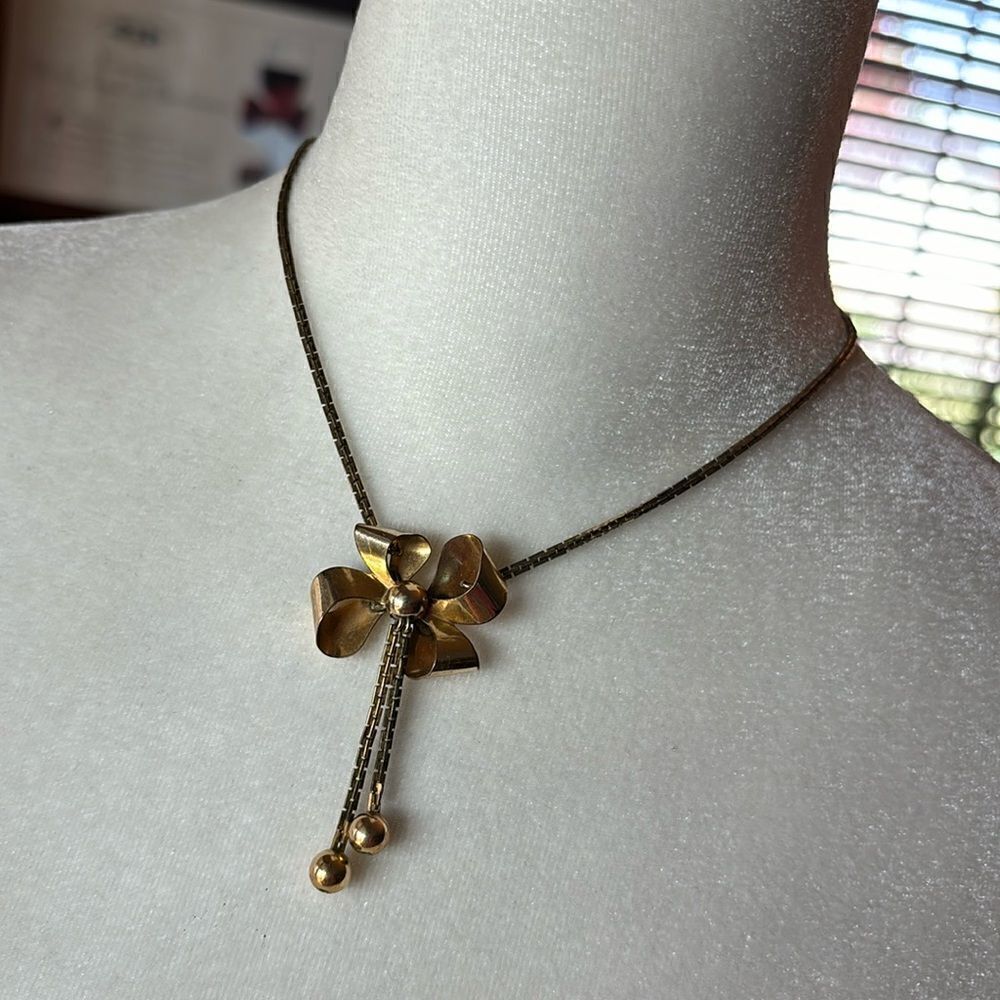 Vintage 12K Gold Bow Necklace with attached Box Chain